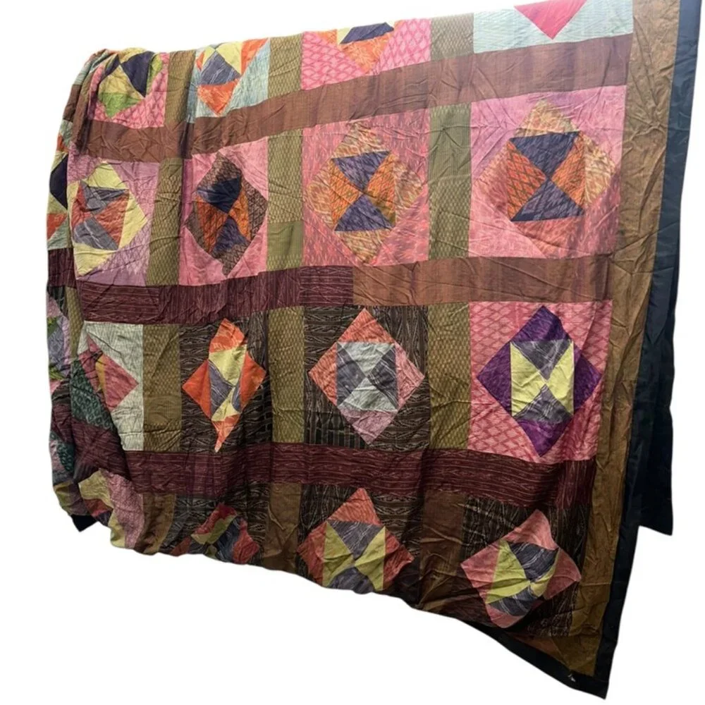 Indian Silk Pathwork quilt coverlet bedspread multicolor earthy QUEEN